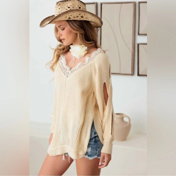 Thinkable-Lace Side Slits Cut Out Sleeve Sweater - Picture 4 of 6